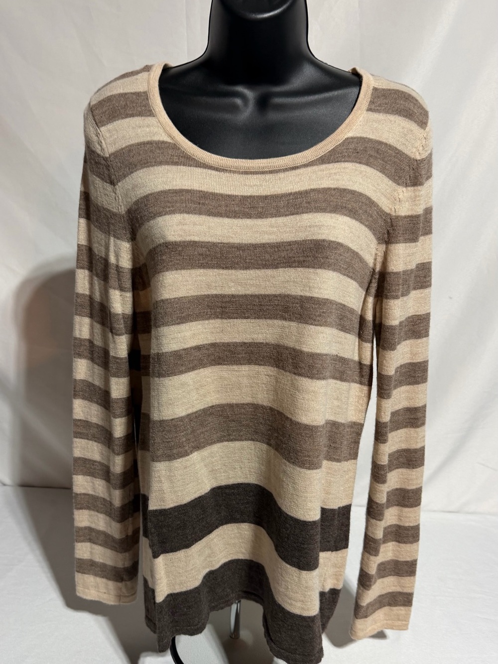 Valerie Bertinelli 100% Merino Wool Striped Sweater Size Large Beige Brown